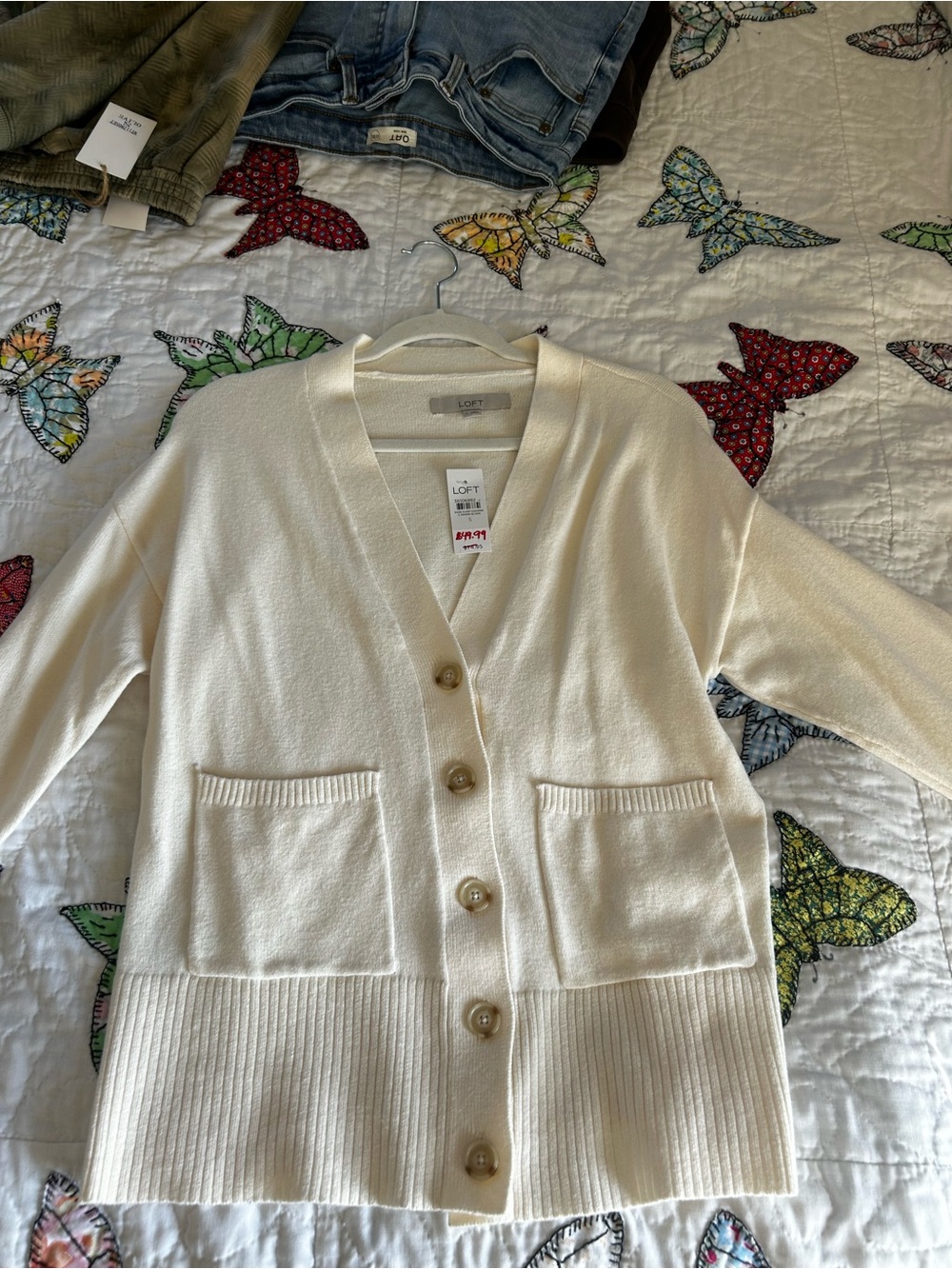 LOFT Ivory Button-Front V-Neck Cardigan